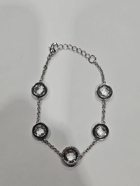 925 Sterling Silver 5-Stone Round Crystal Bezel Station Chain Bracelet